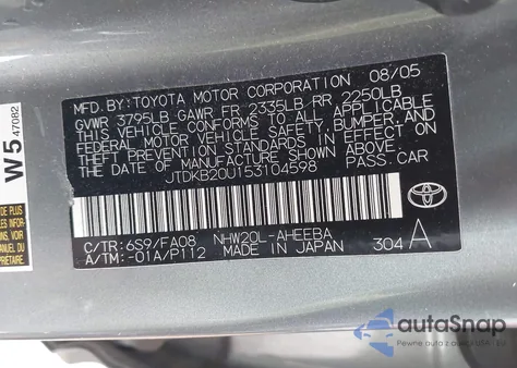 2005 Toyota Prius z USA, uszkodzony, nr VIN JTDKB20U153104598